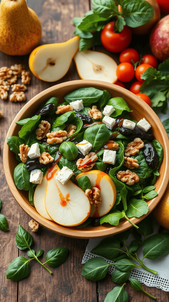 A fresh salad with spinach, arugula, sliced pears, walnuts, and feta cheese in a wooden bowl.