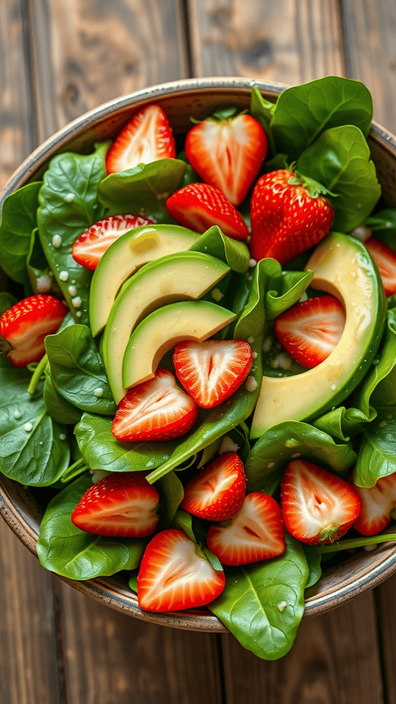 A fresh spinach salad with strawberries and avocado