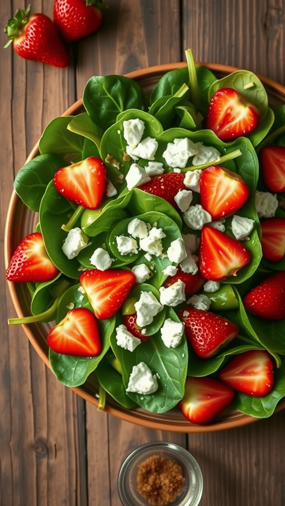 A fresh spinach salad with strawberries and goat cheese.