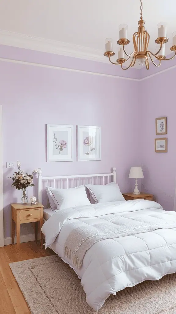 A serene bedroom with lilac walls, white bedding, and floral decor.
