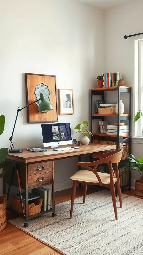 A cozy home office featuring a wooden desk, computer, plants, and a ceiling fan, with motivational quote on the wall.