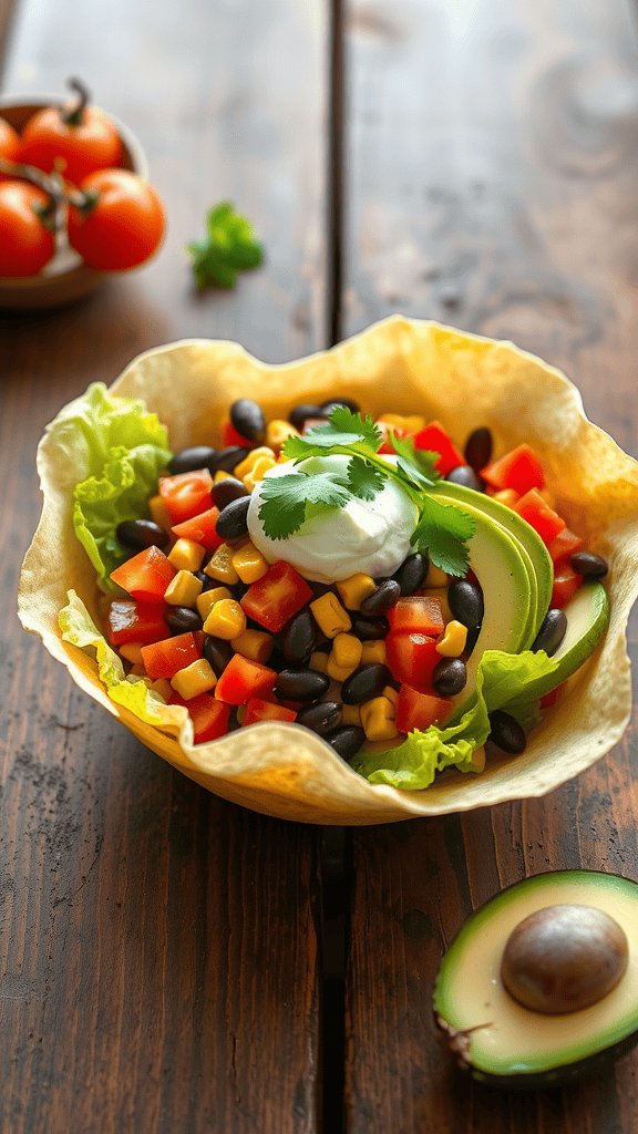 A colorful taco salad served in a crispy tortilla bowl, topped with avocado, black beans, corn, tomatoes, and sour cream.
