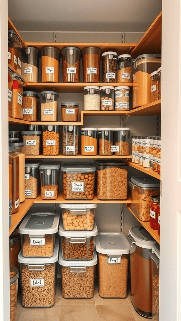 Organized pantry with clear containers and labeled ingredients