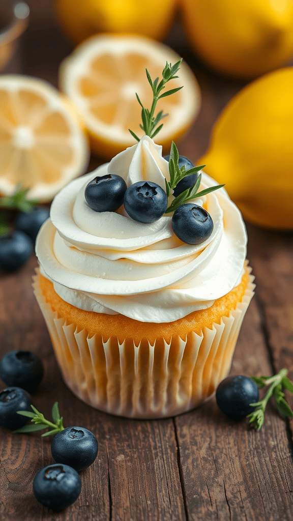 Thyme-infused lemon blueberry cupcake with frosting and blueberries on top