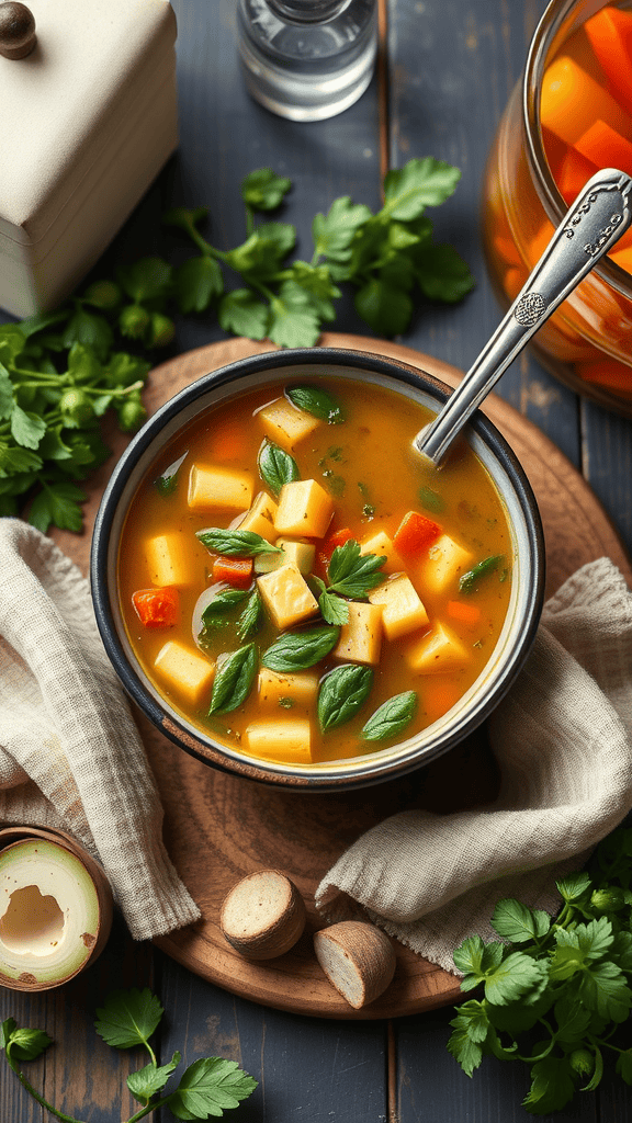 A chef preparing minestrone soup with fresh vegetables in a cozy kitchen.
