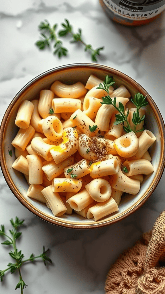 A bowl of creamy truffle mac and cheese garnished with herbs.