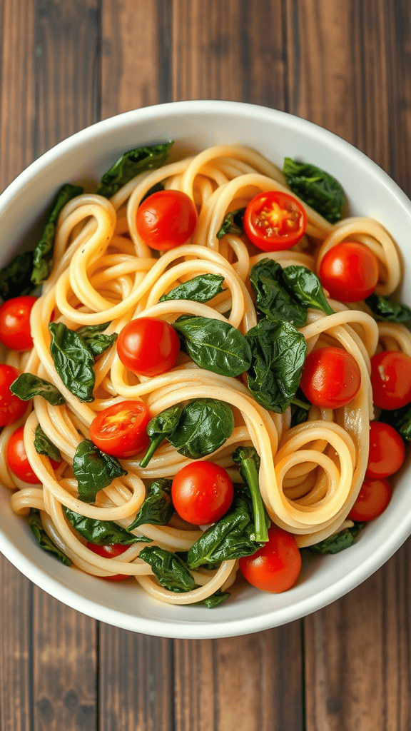 A bowl of vegetarian fettuccine alfredo with spinach and cherry tomatoes