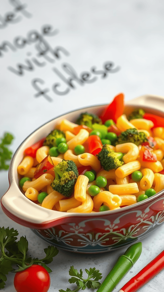 A bowl of colorful veggie-packed mac and cheese with broccoli, red bell peppers, and peas.