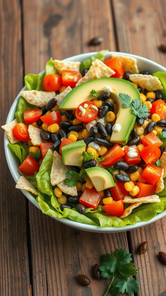 A colorful and fresh veggie taco salad with lettuce, black beans, corn, tomatoes, and avocado.