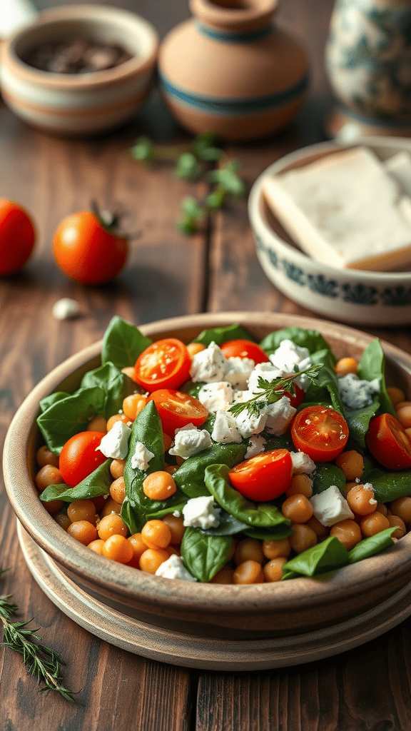 A warm chickpea and spinach salad with cherry tomatoes and feta.
