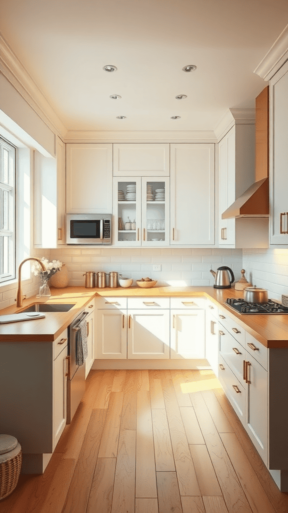 A bright kitchen featuring warm white cabinets, wooden countertops, and natural light.