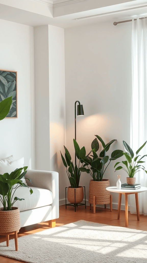 A bright and serene corner of a living room featuring a cozy sofa, plants in woven pots, and a small coffee table with decorative items.