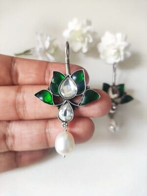 Papeeha’s Signature Lotus Kundan Earrings with Fresh Water Pearls- Green