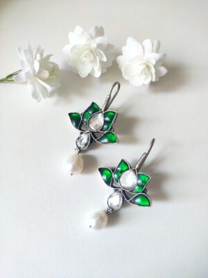 Papeeha’s Signature Lotus Kundan Earrings with Fresh Water Pearls- Green