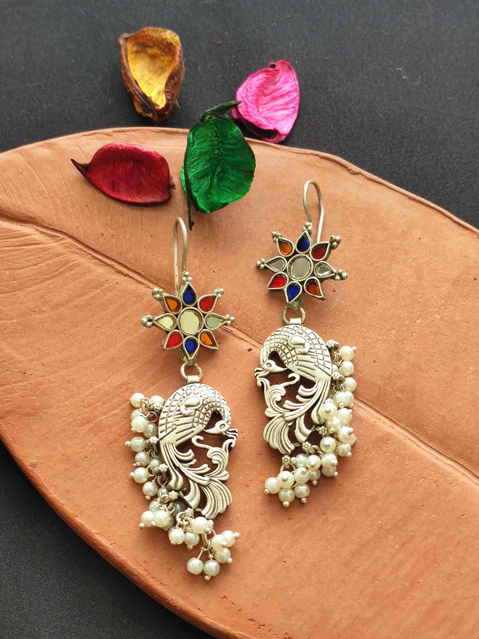 Glass Peacock Danglers with Pearls
