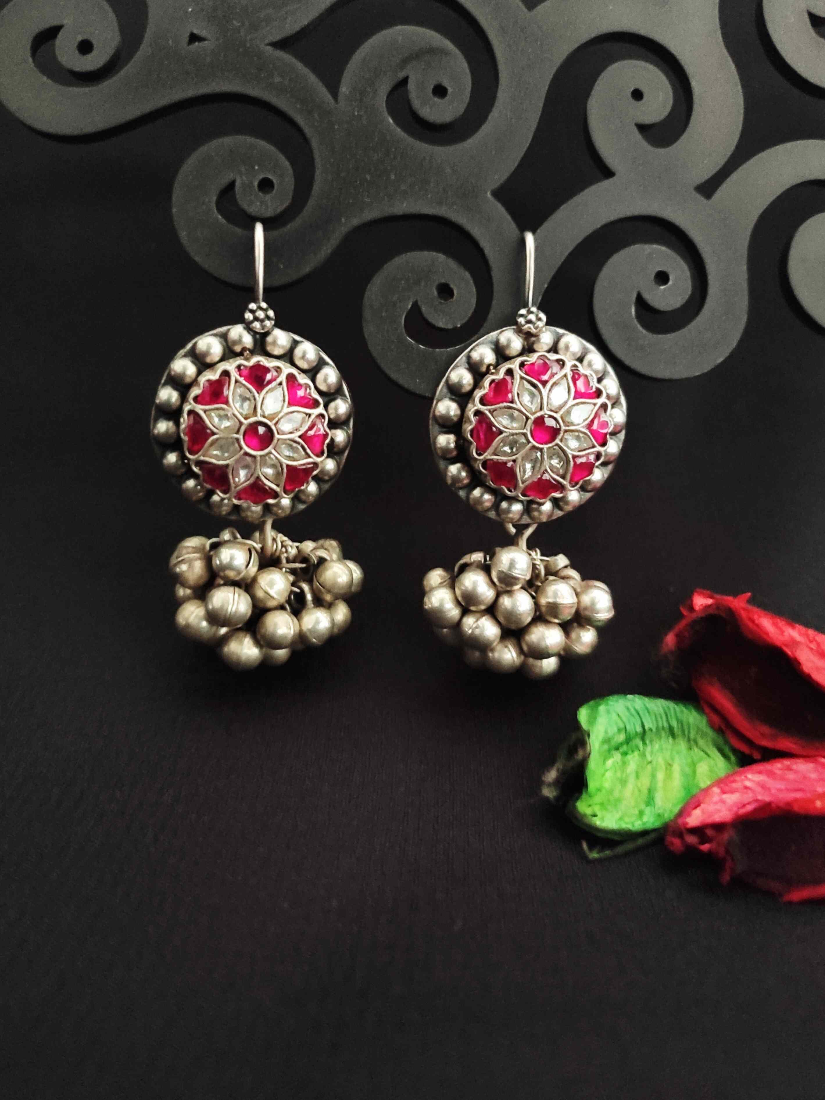 Aabhaa - Ghungroo Bunch Earrings - Pure Kundan (Rani Pink) - Image 4