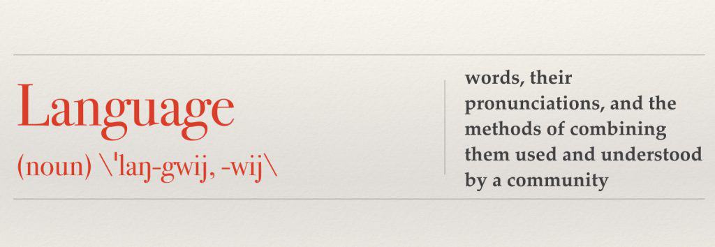 language: words, their pronunciations, and the methods of combining them used and understood by a community