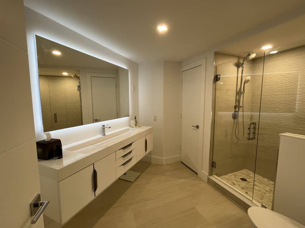 bathroom remodel mitered edge countertops