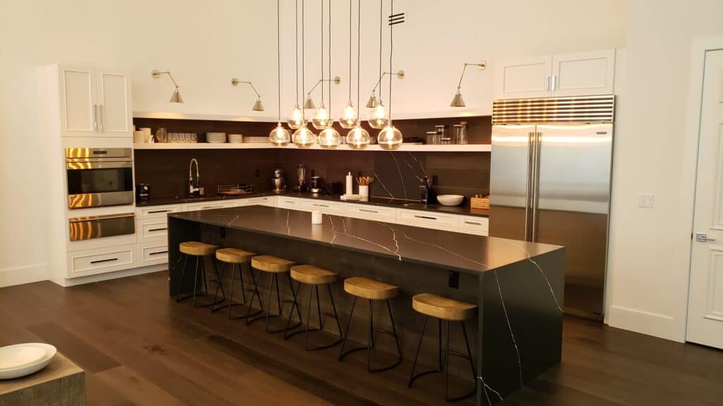kitchen remodel open shelving waterfall island