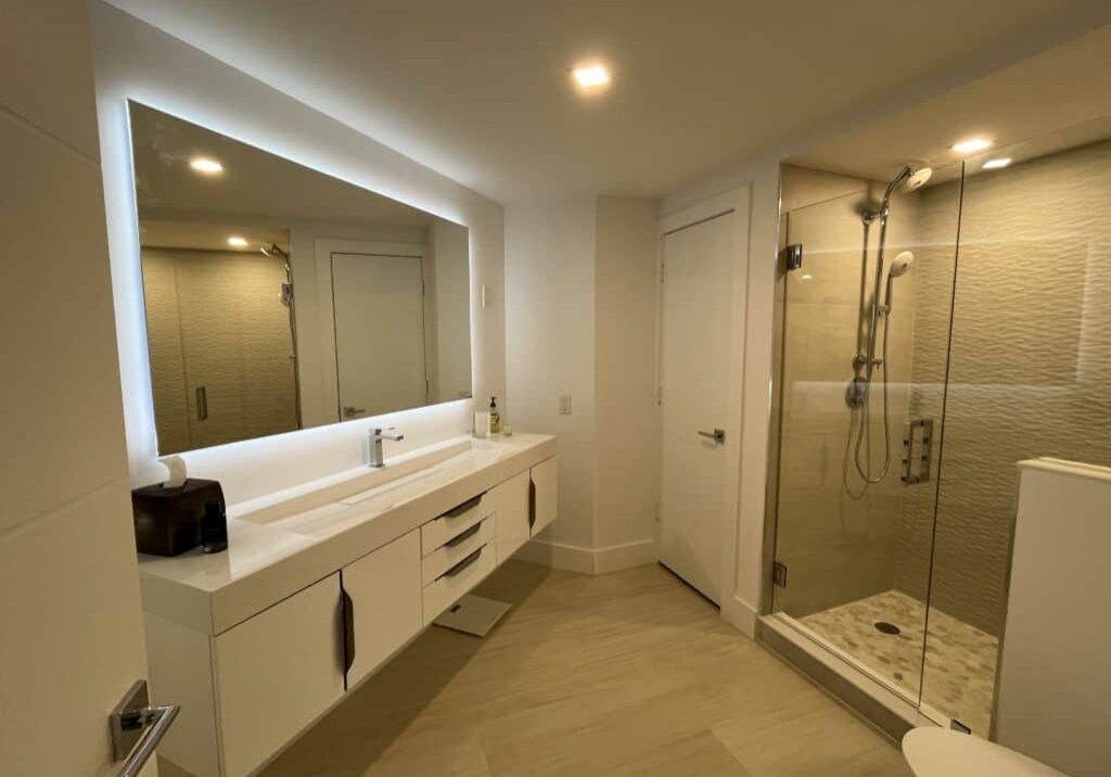 bathroom remodel mitered edge countertops