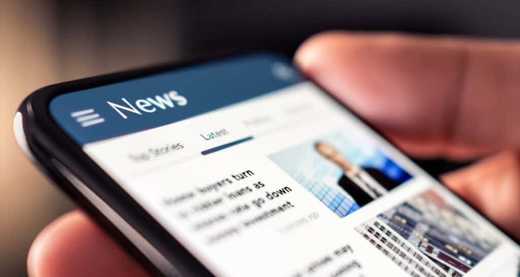 hand holding smartphone with list of news stories