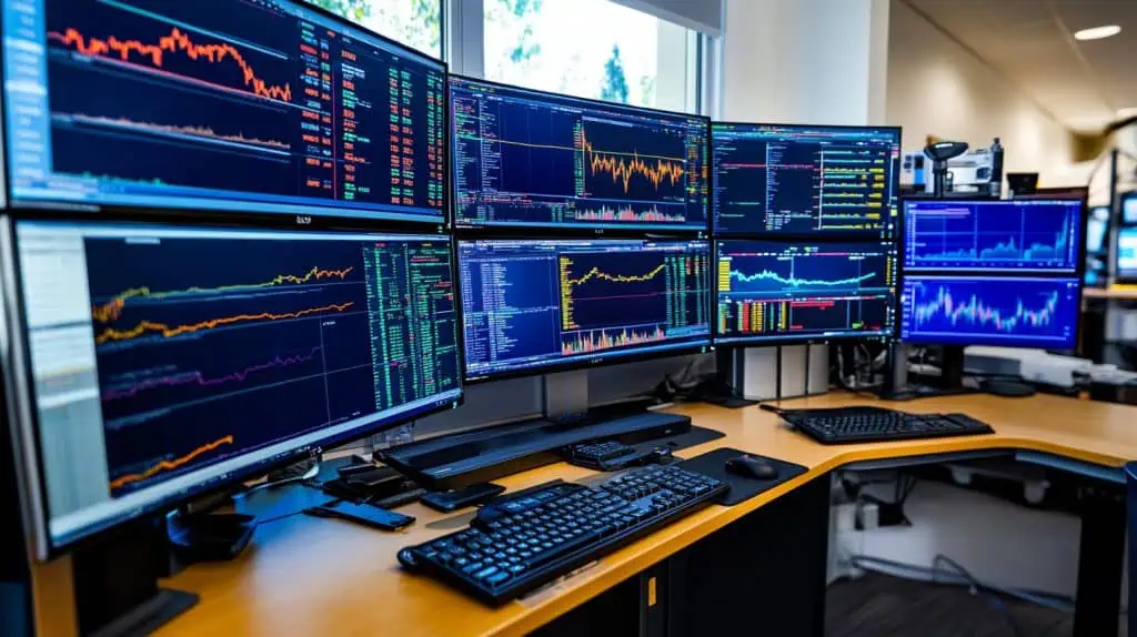 A bank of computer screens displaying stock market figures and graphs