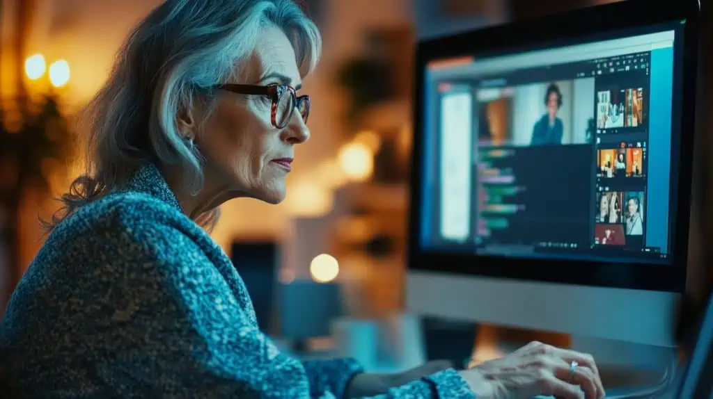 A woman watching YouTube on her computer and learning how to make passive income online.