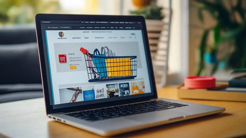A laptop on someone’s desk displaying an e-commerce website.
