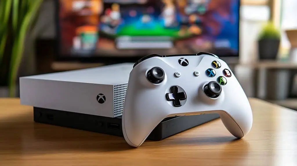 A games console sitting on top of a table.