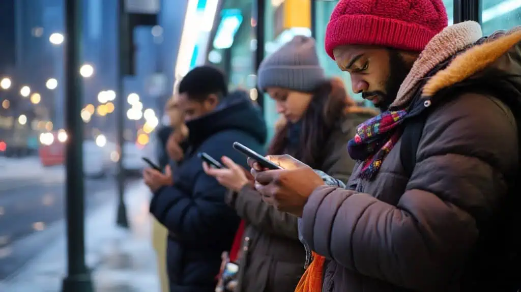 A line of people at a bus stop, all staring at their phones.