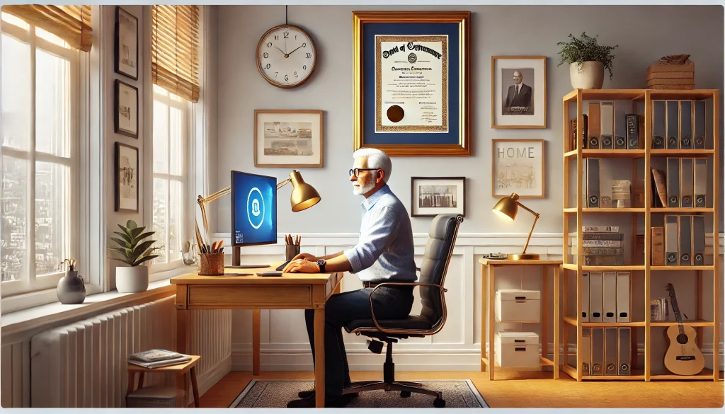 A man coaching online at home where a framed certificate is proudly displayed in the background