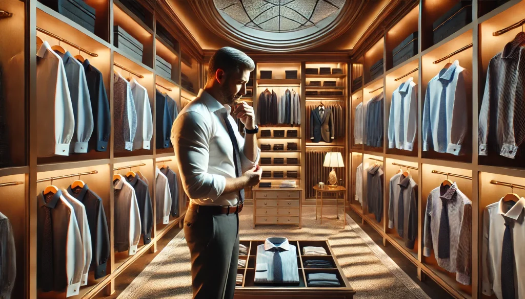 A man in his enormous walk-in closet trying to choose a shirt to wear tomorrow