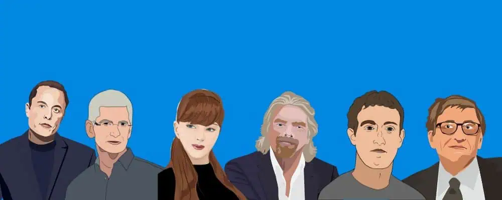 The millionaires morning routine showing cartoons of famous millionaires like Elon Musk and Richard Branson