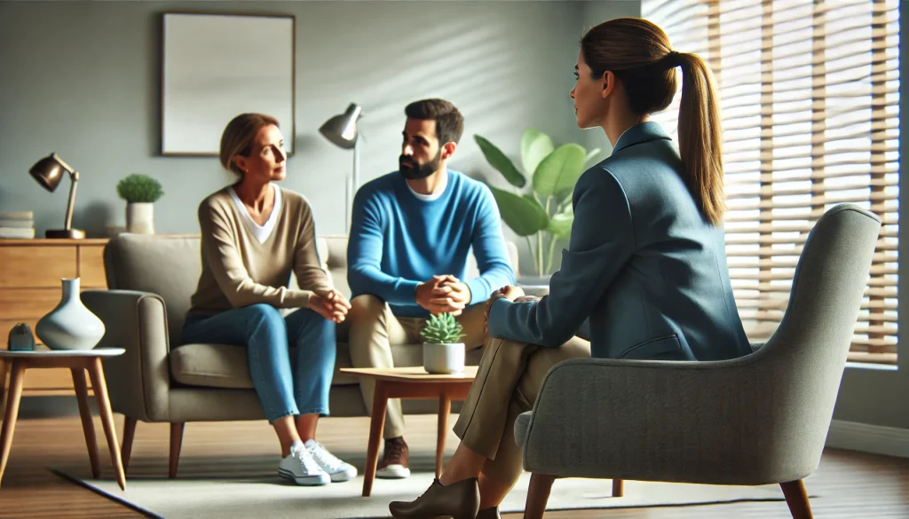 A relationship coach listening to a couple talking on the sofa