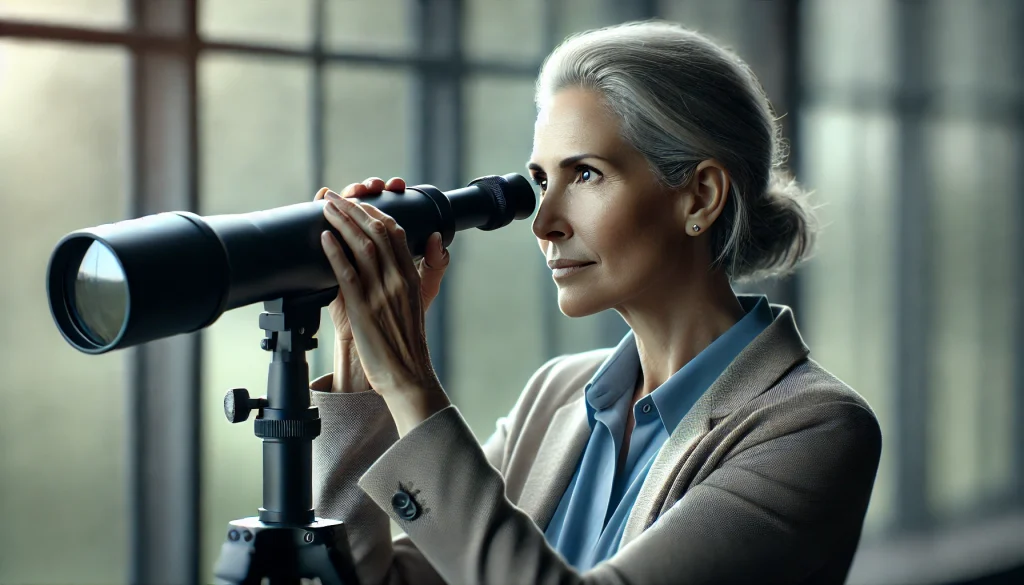 A woman looking down a telescope in search of the best coaching niches