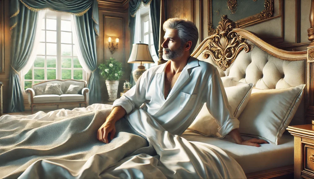 A wealthy millionaire waking up in a luxurious bed