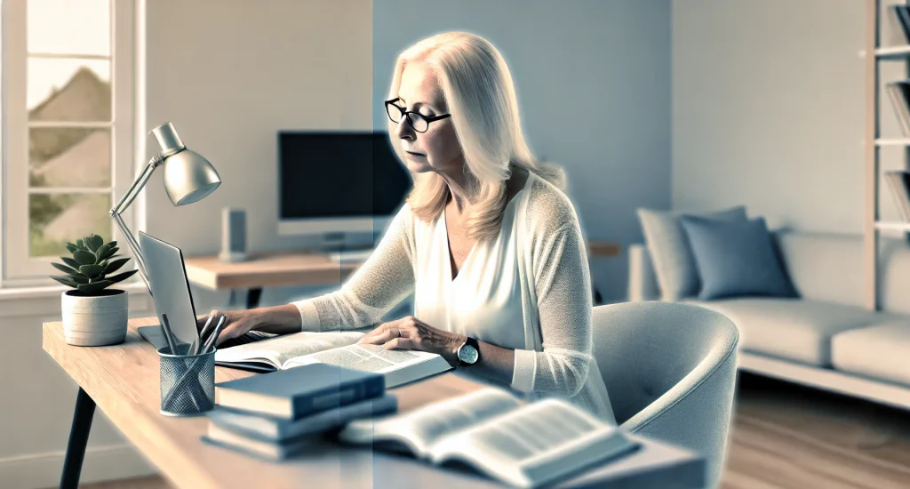 Woman learning and taking notes during an online coaching session