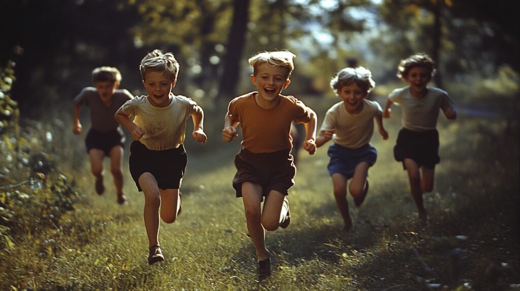 A nostalgic image showcasing children playing Red Light, Green Light, a game boomers loved.
