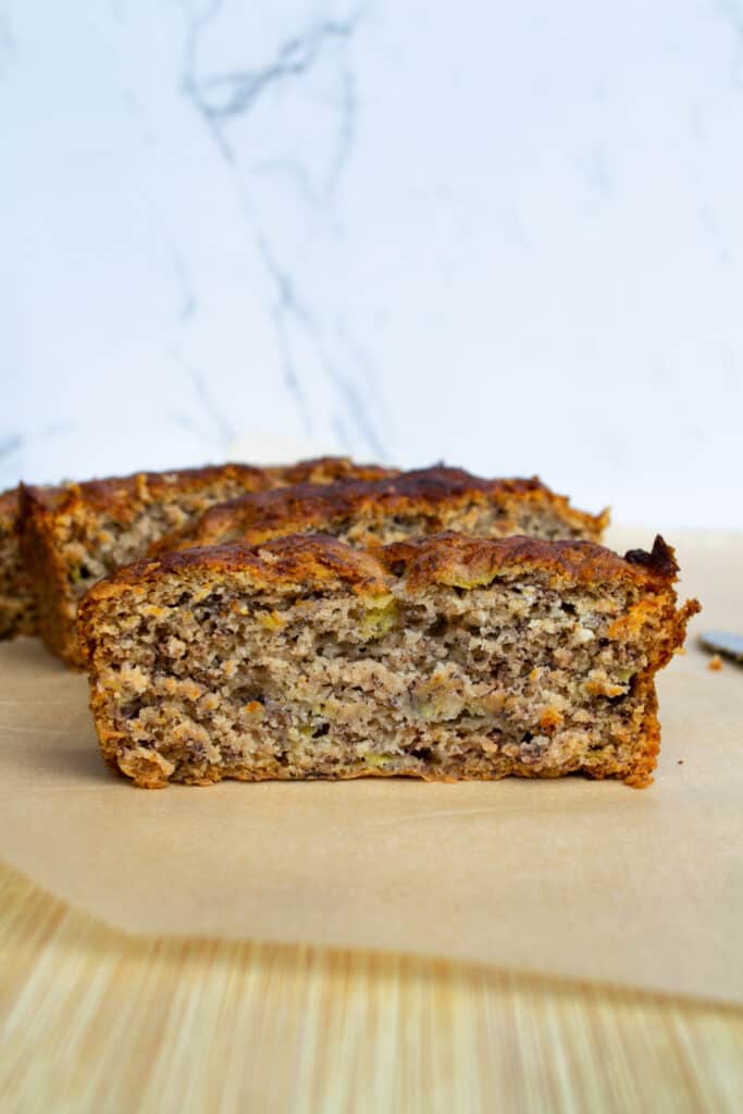 vegan banana bread cut in slices