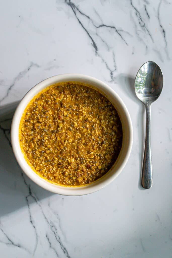 vegan pumpkin overnight oats in a bowl