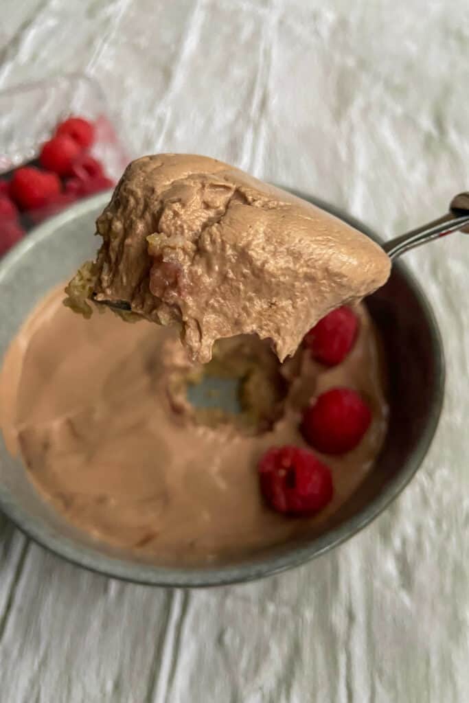 Chocolate yogurt on a spoon, with some raspberry jam mixed in.