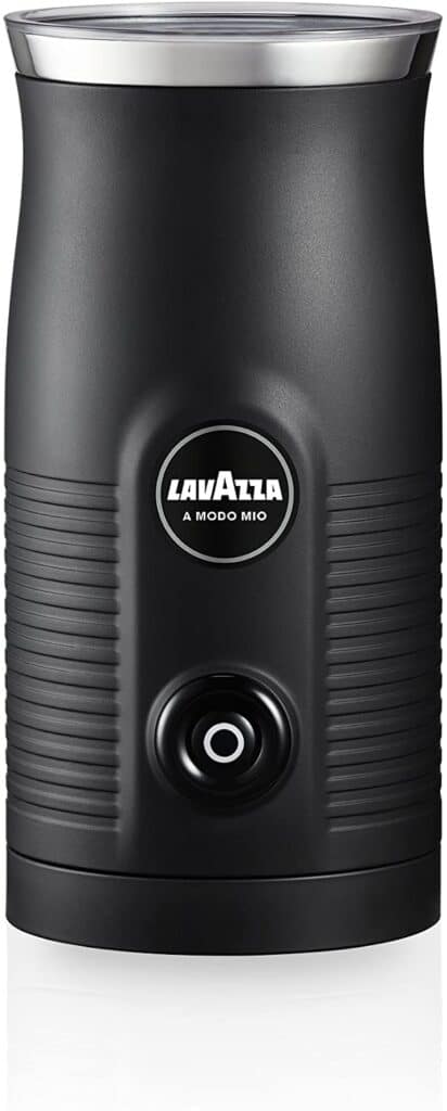 Product image of a black Lavazza A Mondo Mio Milk frother on white background.