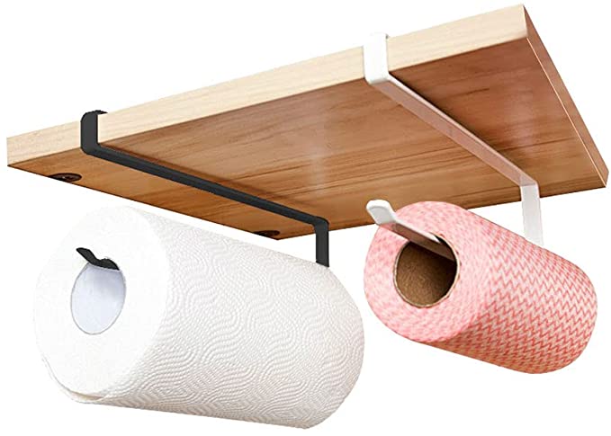 Photo of 2 paper towel roll holders. One is black and holding a roll of paper towels, and the other is white and holding a roll of disposable dishcloths. 