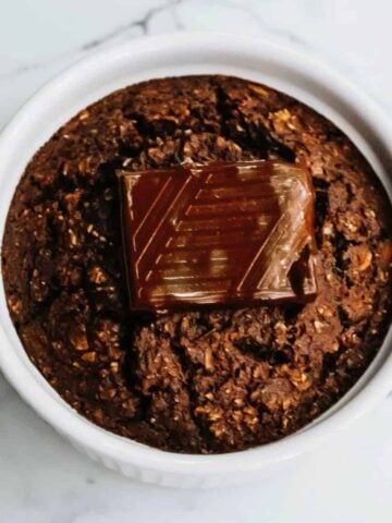Ramekin of chocolate baked oats.