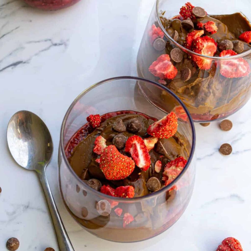 Vegan chocolate mousse in a cup.