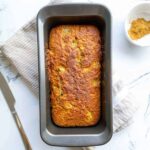 Vegan banana bread in a loaf pan.