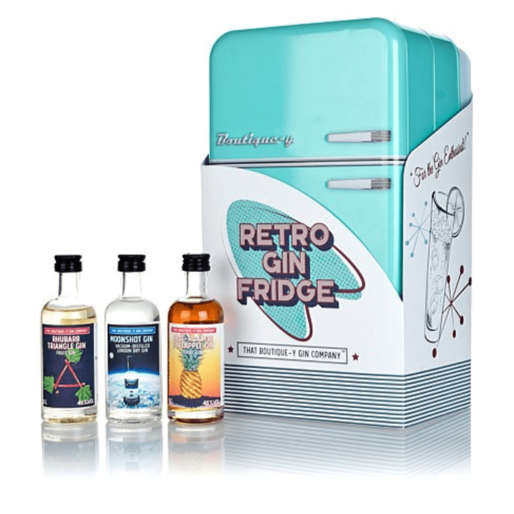 3 pack of gin from That Boutique-y Gin Company in a small tin gifting box, shaped like a blue retro fridge.
