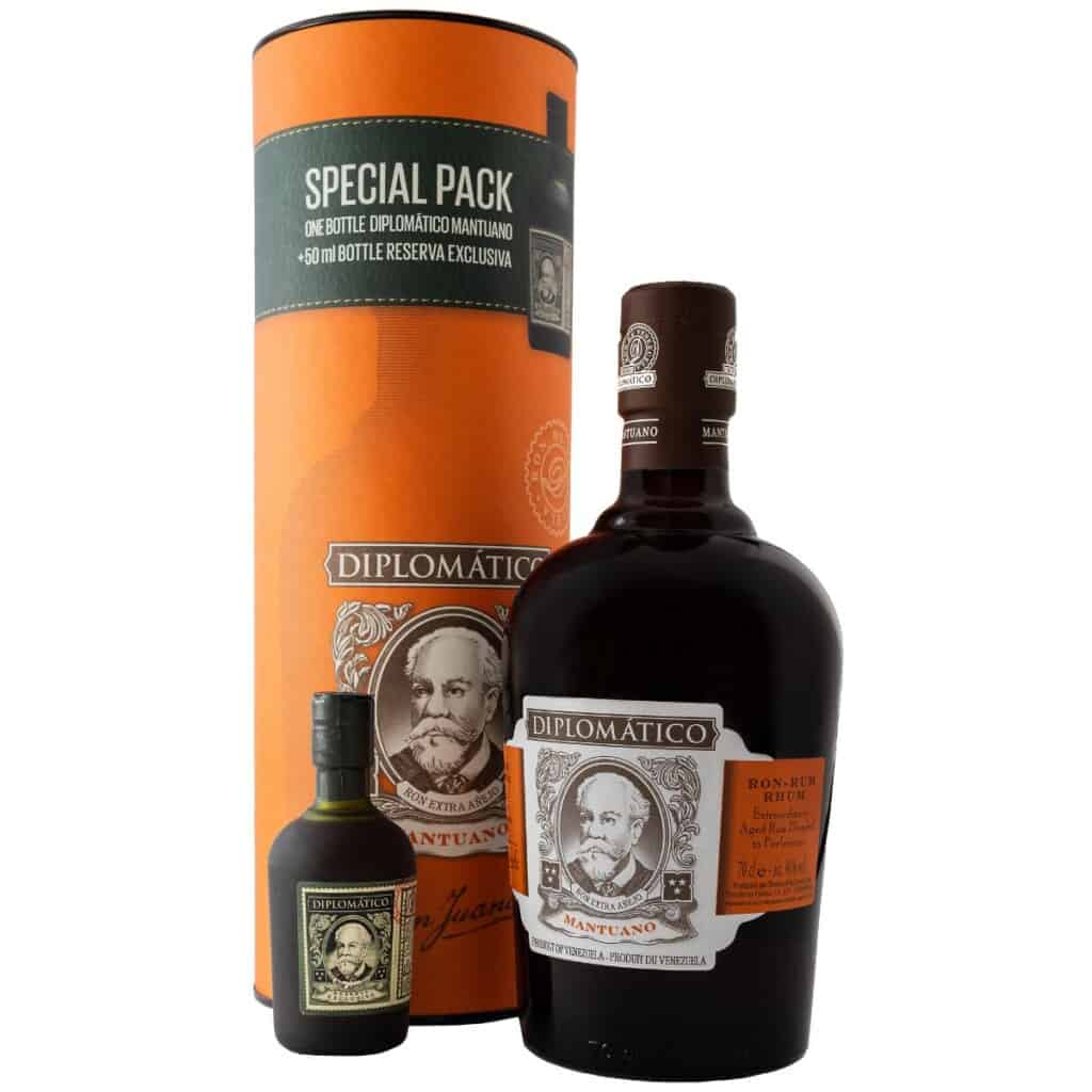 Diplomatico Mantuano rum bottle next to special gift cannister and small bottle of the Reserva Exclusiva rum.
