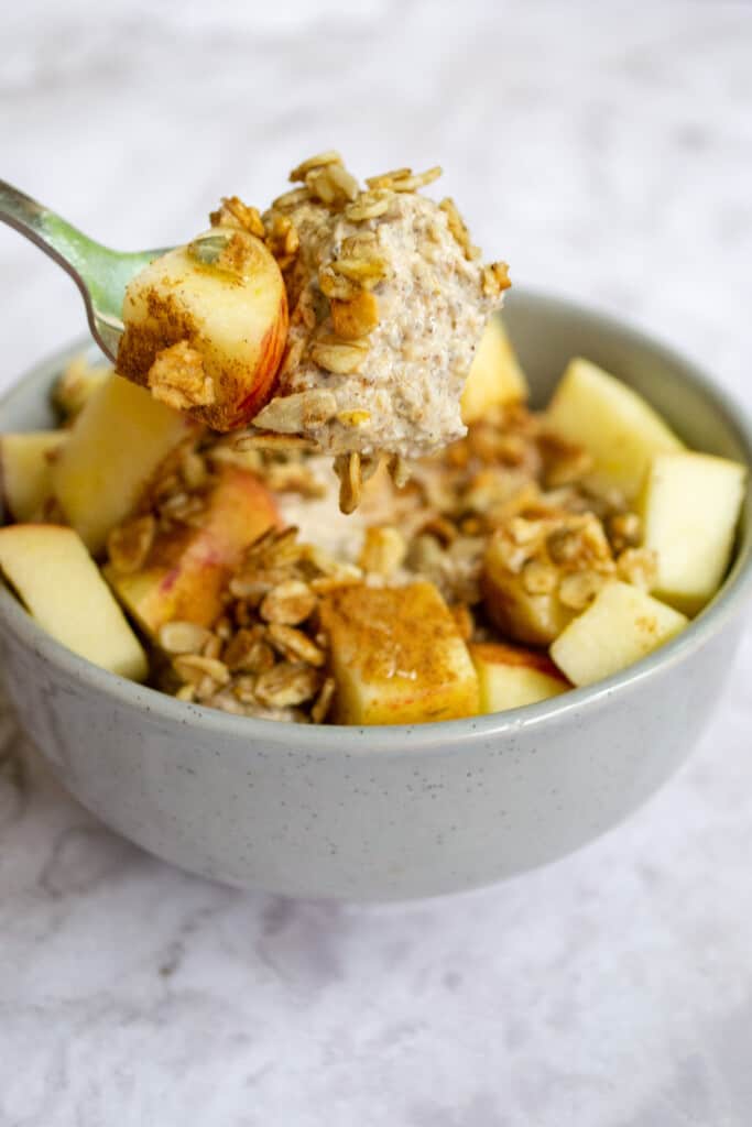 Close up of a bite of overnight oats.