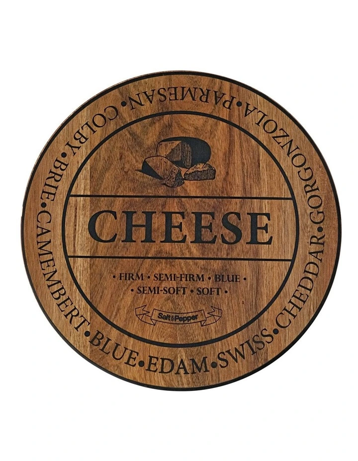 Overhead shot of engraved cheese board with the word 'CHEESE' and cheese names around the edge.